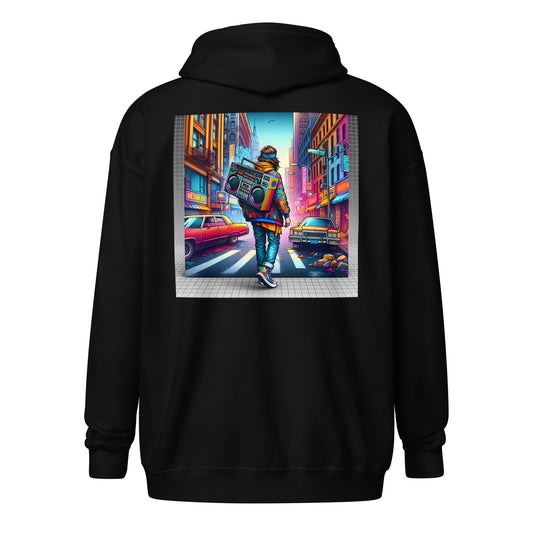 Retro Beats on Neon Streets zip hoodie